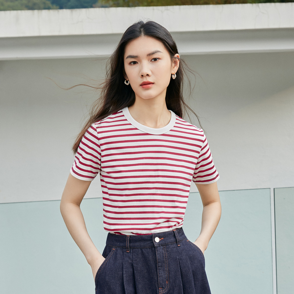 基础款纯棉舒适亲肤彩色短袖条纹T恤女