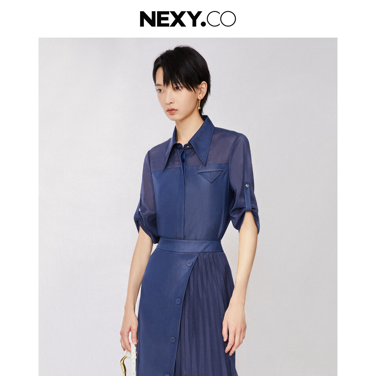 2023年夏季新款天丝牛仔中袖衬衫女休闲通勤百搭衬衣